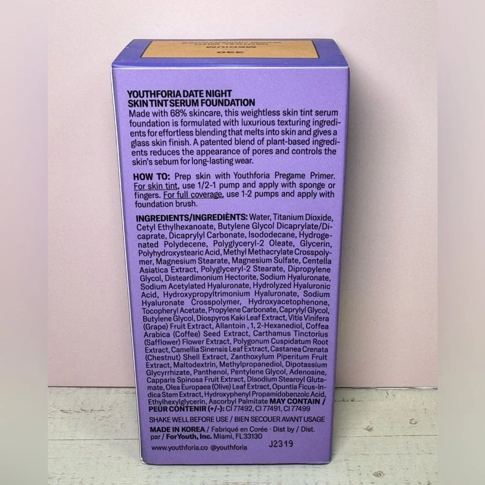 YOUTHFORIA DATE NIGHT FOUNDATION 68% SKINCARE (330 Medium) 35 ml / 1.18 fl oz